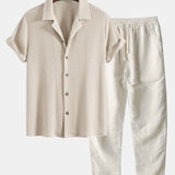 Waffle Textured Cuban Shirt & Straight Leg Linen Pants Set