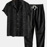 Jacquard Texture Cuban Shirt & Straight Leg Linen Pants Set