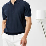 Men's Vertical Stripe Zip Placket Knit Polo with Contrast Cuffs