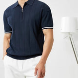 Men's Vertical Stripe Zip Placket Knit Polo with Contrast Cuffs