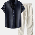 Cotton Blend Striped Stand Collar Shirt & Straight Leg Linen Pants Set