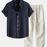 Cotton Blend Striped Stand Collar Shirt & Straight Leg Linen Pants Set