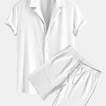 Muscle Fit Ribbed Deep Cuban Shirt & Drawstring Ribbed Shorts Set