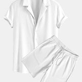 Muscle Fit Ribbed Deep Cuban Shirt & Drawstring Ribbed Shorts Set