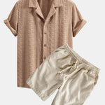 Floral Checkerboard Jacquard Cuban Shirt & Linen Cotton Blend Drawstring Set