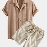 Floral Checkerboard Jacquard Cuban Shirt & Linen Cotton Blend Drawstring Set
