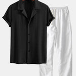 Muscle Fit Diamond Texture Cuban Shirt & Straight Leg Linen Pants Set