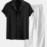 Muscle Fit Diamond Texture Cuban Shirt & Straight Leg Linen Pants Set