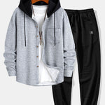 Contrast Waffle Hooded Shirt & Drawstring Waffle Jogger Pants Set