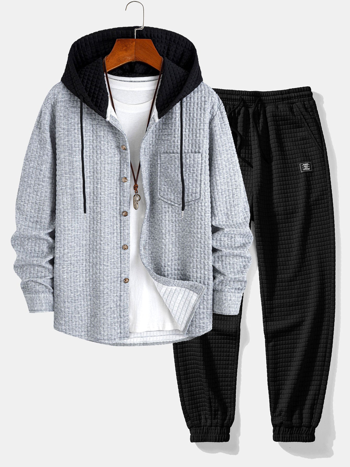 Contrast Waffle Hooded Shirt & Drawstring Waffle Jogger Pants Set
