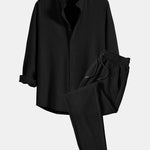Long Sleeve Muscle Fit Ribbed Stand Collar Shirt & Ribbed Pants Set