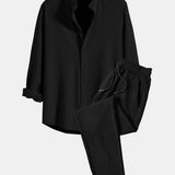 Long Sleeve Muscle Fit Ribbed Stand Collar Shirt & Ribbed Pants Set