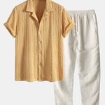 Knitted Geometric Textured Cuban Shirt & Straight Leg Linen Pants Set