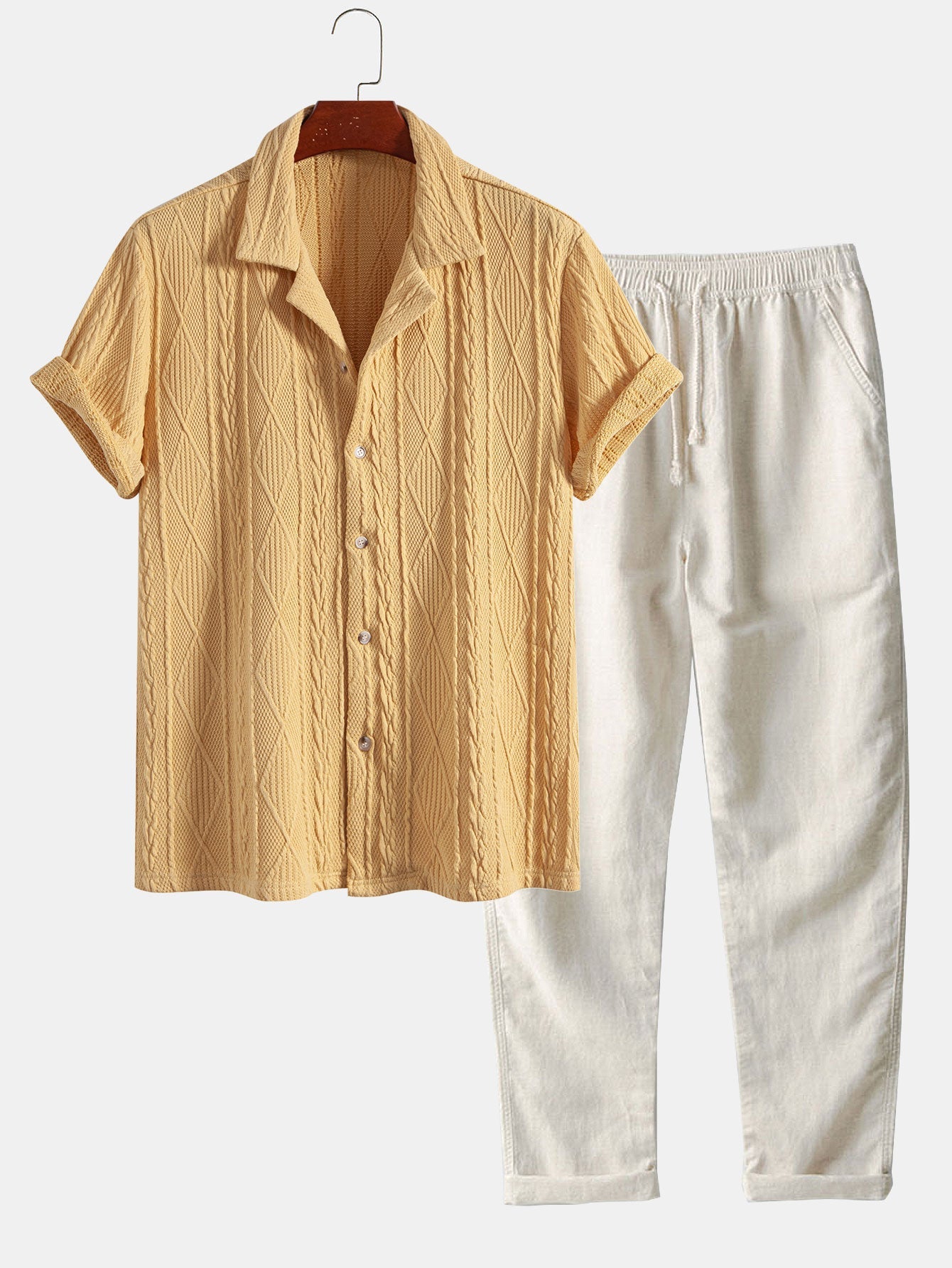 Knitted Geometric Textured Cuban Shirt & Straight Leg Linen Pants Set
