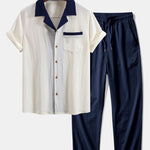 Textured Contrast Cuban Shirt & Straight Leg Pants Set