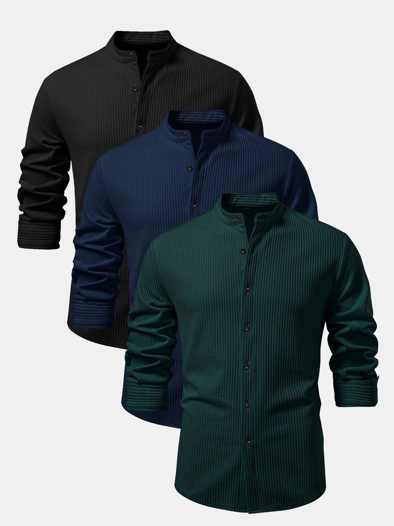3 Pieces Long Sleeve Muscle Fit Ribbed Stand Collar Shirt