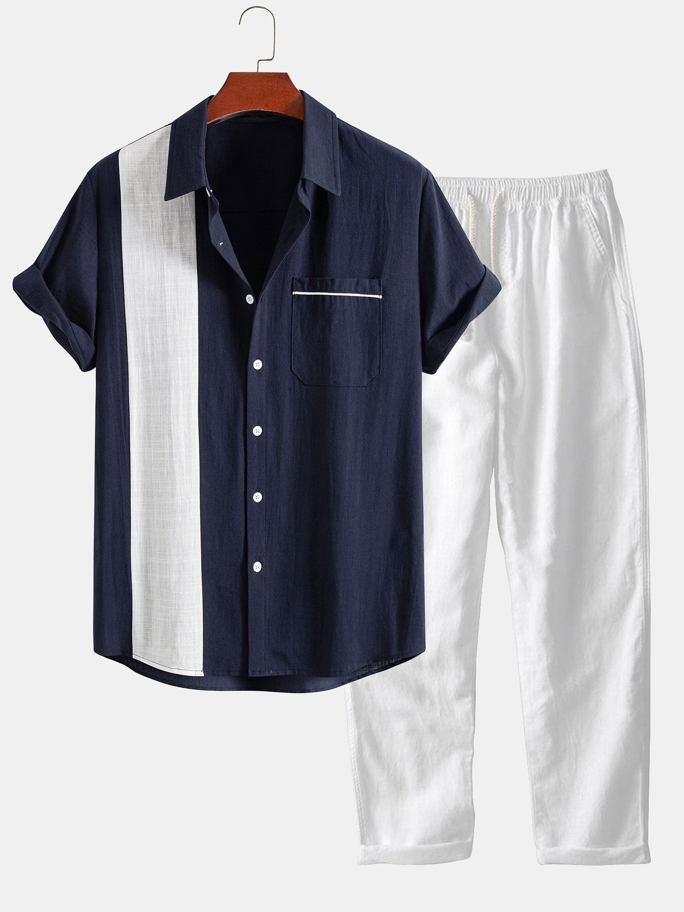 Linen Contrast Shirt & Straight Leg Linen Pants Set