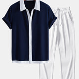 Contrast Ribbed Shirt & Straight Leg Ribbed Pants Set