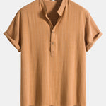Linen Blend Striped Half Open Placket Henley Collar Shirt & Linen Pants Set