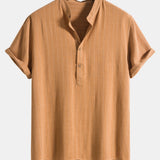Linen Blend Striped Half Open Placket Henley Collar Shirt & Linen Pants Set