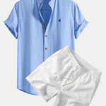 Short Sleeve Linen Shirt & Crinkle Textured Drawstring 5" Shorts Set