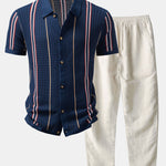 Stripe Crochet Shirt & Straight Leg Linen Pants Set