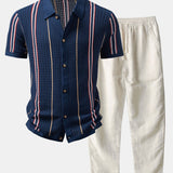 Stripe Crochet Shirt & Straight Leg Linen Pants Set