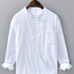 Long Sleeve Linen Cotton Stand Collar Shirt with Pocket