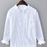 Long Sleeve Linen Cotton Stand Collar Shirt with Pocket
