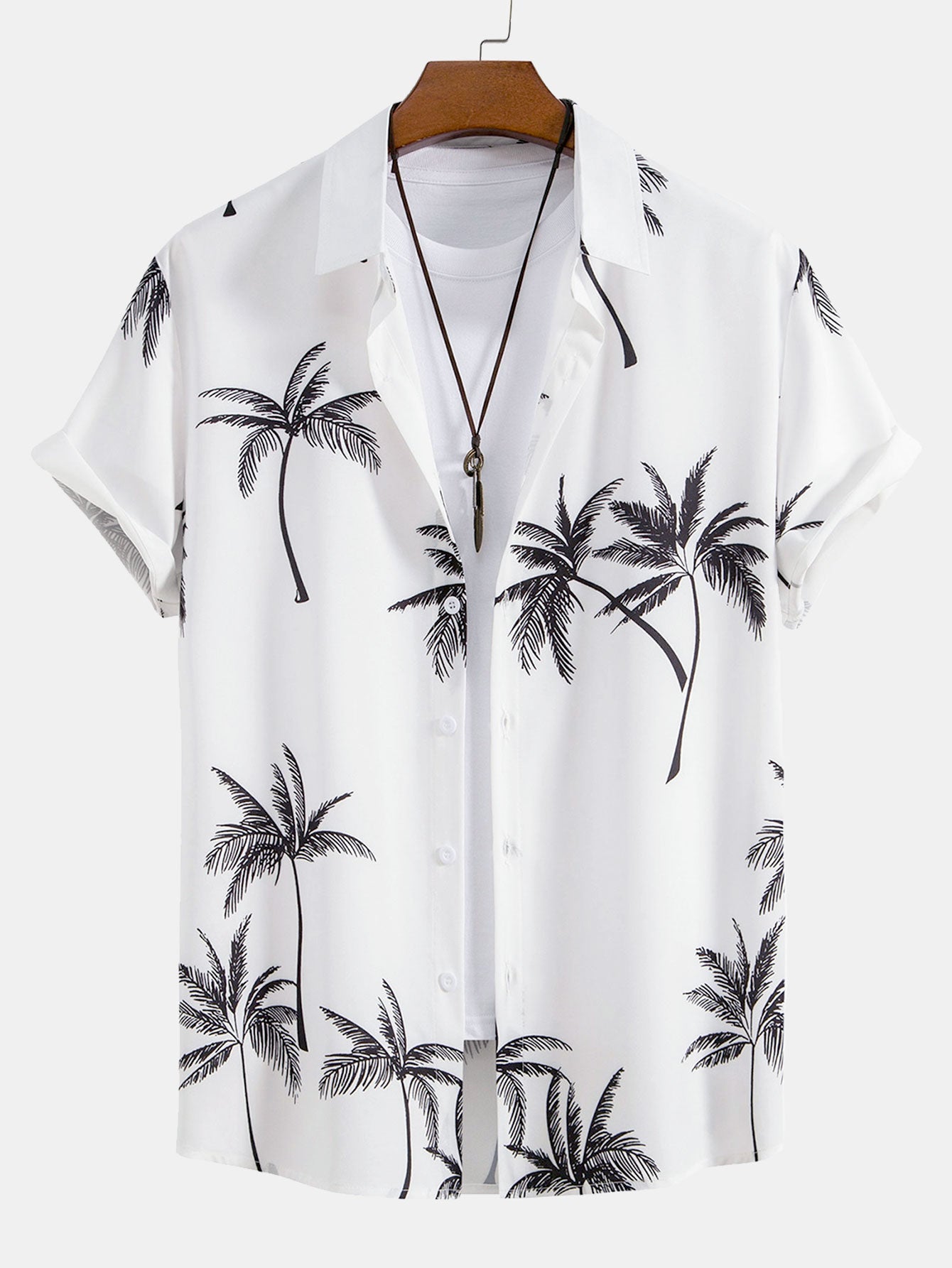 Palm Tree Print Shirt & Stripe Print Swim Shorts Set