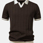Contrast Trim Ribbed Johnny Collar Knit Polo & Trousers Set