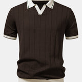 Contrast Trim Ribbed Johnny Collar Knit Polo & Chino Shorts Set