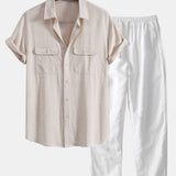 Linen Rayon Blend Pocket Utility Shirt & Straight Leg Linen Pants Set