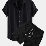 Textured Striped Shirt & Crinkle Textured Drawstring 5" Shorts Set