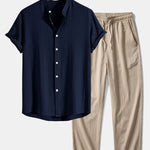 Linen and Rayon Blend Stand Collar Shirt & Wrinkle Textured Pants Set