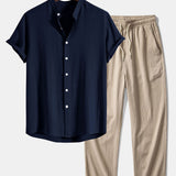 Linen and Rayon Blend Stand Collar Shirt & Wrinkle Textured Pants Set