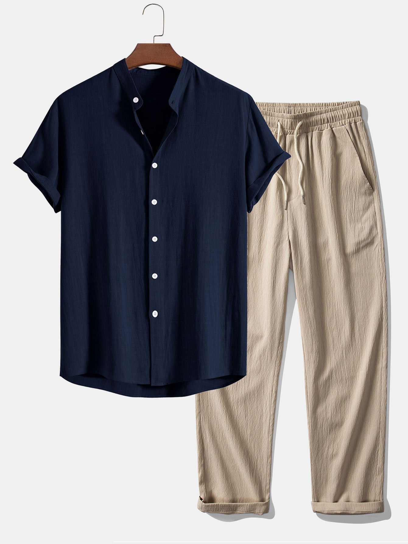 Linen and Rayon Blend Stand Collar Shirt & Wrinkle Textured Pants Set