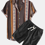 Elephant Geometric Print Shirt & Linen Cotton Blend Drawstring Shorts Set