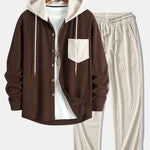 Long Sleeved Contrast Corduroy Hooded Shirt & Corduroy Pants Set