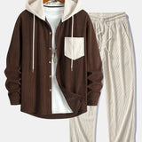 Long Sleeved Contrast Corduroy Hooded Shirt & Corduroy Pants Set