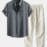 Short Sleeve Stand Collar Shirt & Straight Leg Linen Pants Set
