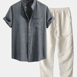 Short Sleeve Stand Collar Shirt & Straight Leg Linen Pants Set