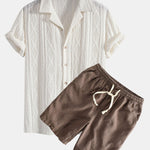 Geometric Jacquard Eyelet Cuban Shirt & Linen Cotton Blend Shorts Set