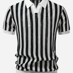 Stripe Johnny Collar Open Knit Polo & Straight Leg Linen Pants Set