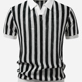 Stripe Johnny Collar Open Knit Polo & Straight Leg Linen Pants Set