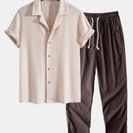 Short Sleeve Knitted Waffle Cuban Shirt & Straight Leg Linen Pants Set