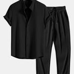 Muscle Fit Ribbed Stand Collar Shirt & Straight Leg Ribbed Pants Set