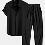 Muscle Fit Ribbed Stand Collar Shirt & Straight Leg Ribbed Pants Set