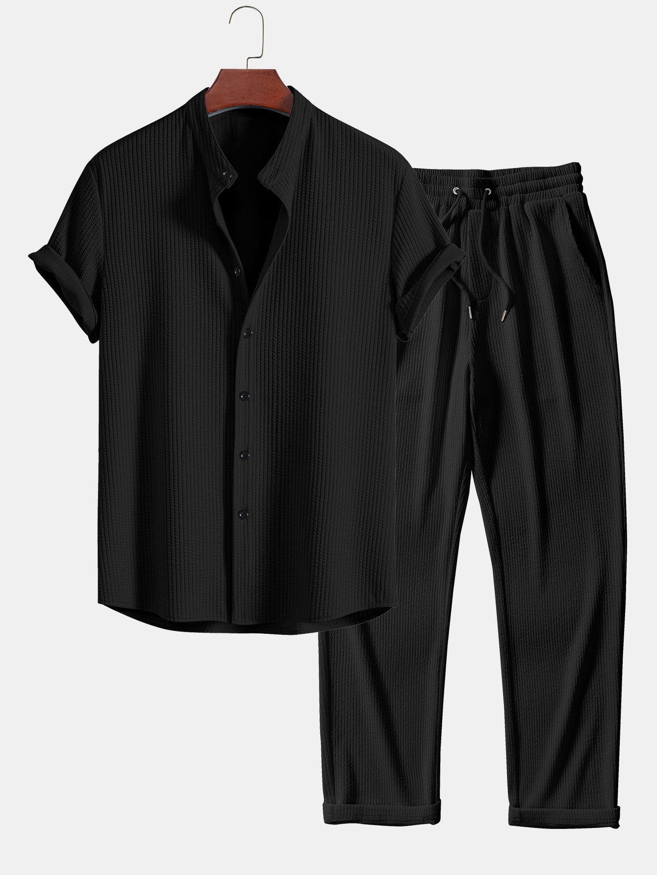 Muscle Fit Ribbed Stand Collar Shirt & Straight Leg Ribbed Pants Set