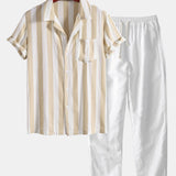 Striped Cuban Collar Shirt & Straight Leg Linen Pants Set